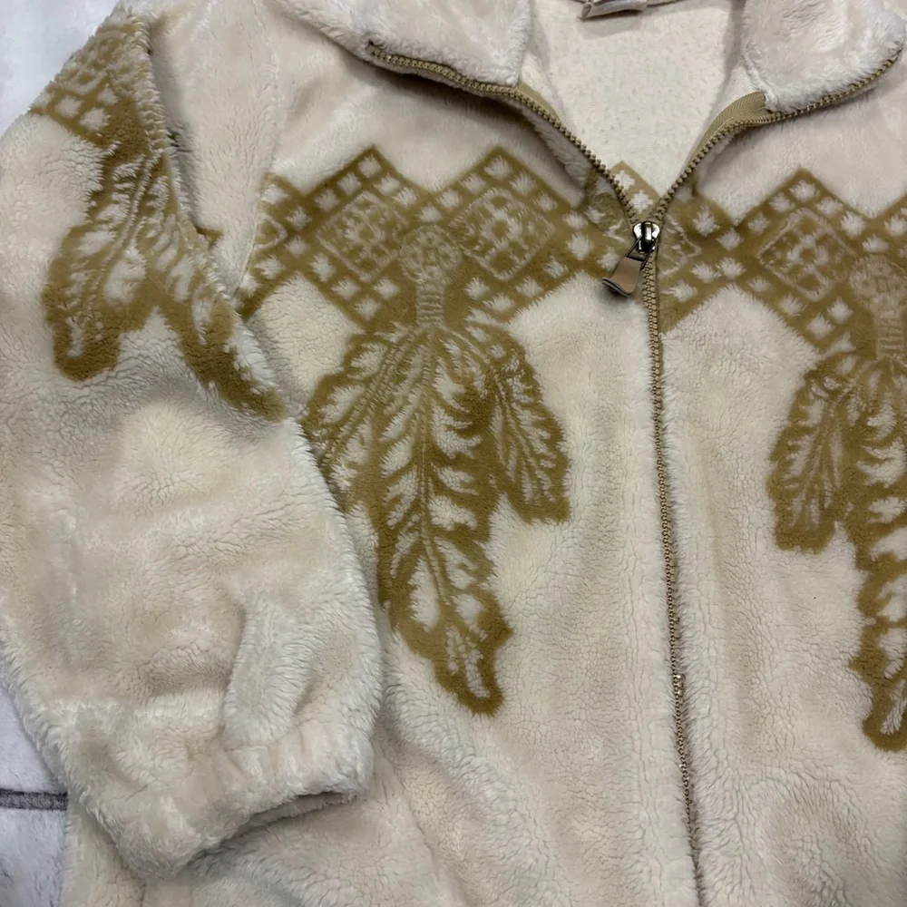 Milton Funwear Plush Fleece Jacket Cream & Beige Feather Design Vtg 90s Med - Picture 2 of 7